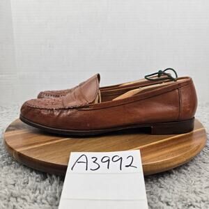 Allen Edmonds Mens 9.5D Barbados Brown Leather Woven Casual Daily Penny Loafer